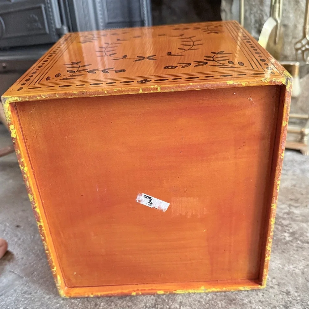 Vintage Hand Painted Wooden Wastebasket - Amber Folk Art Leaf Vine Trash Can